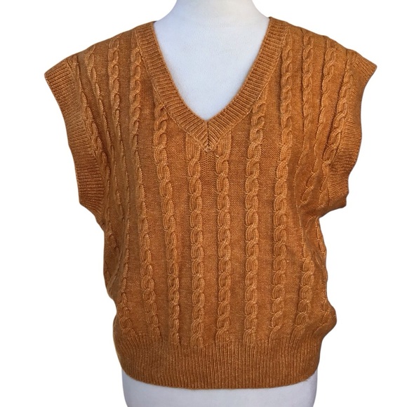 Cupcakes And Cashmere Gold V Neck Cable Knit Sweater Top NEW - Picture 1 of 7